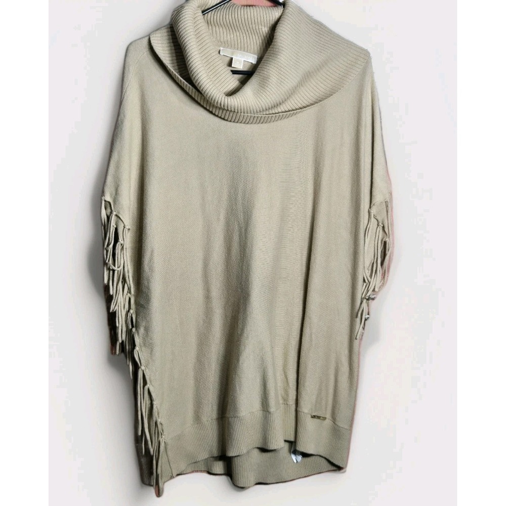 Michael Kors Womens Sweater Fringe Cowl Neck Tunic Beige Poncho Sz M Oversized